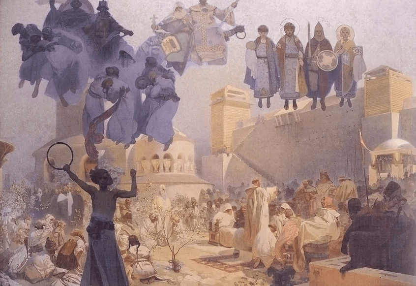 Alfons Mucha, L'Introduction de la liturgie slavonne, 1912, Prague City Gallery